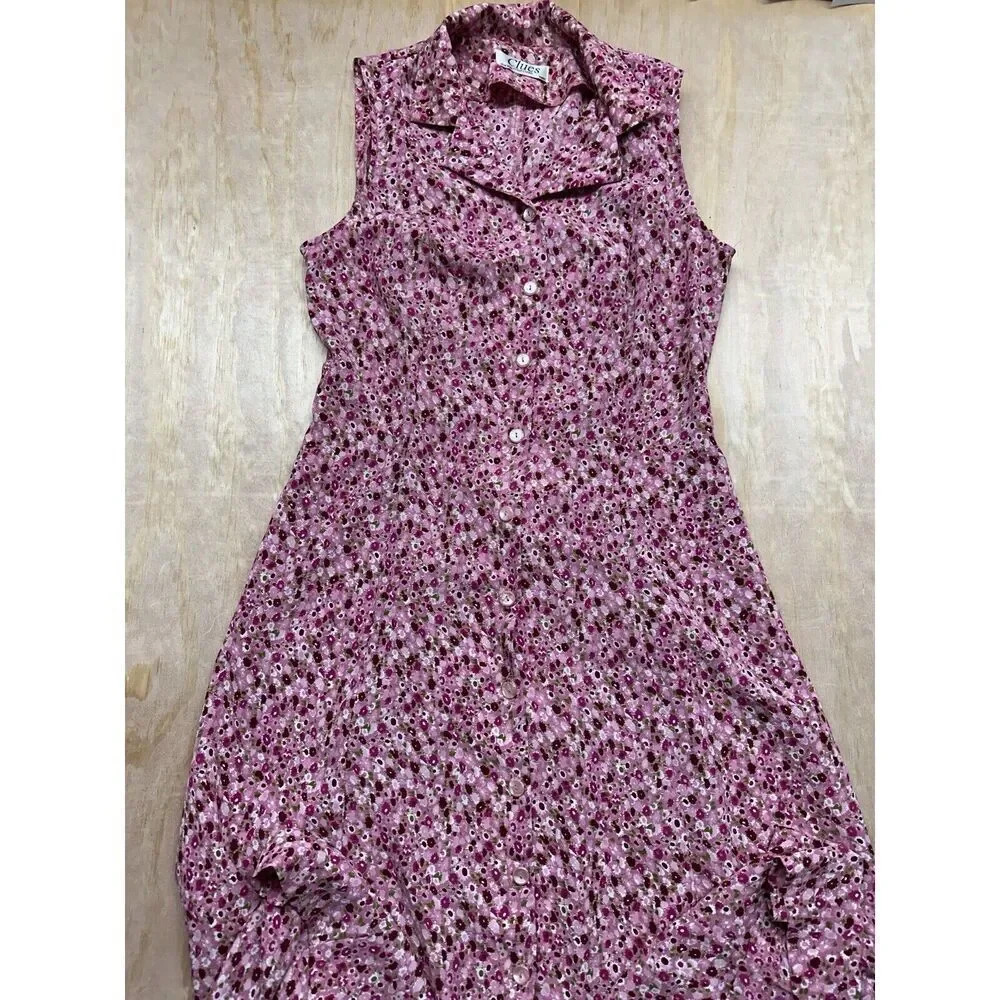 Floral Pink Button Down Sleeveless Dress Parisian Style Vintage